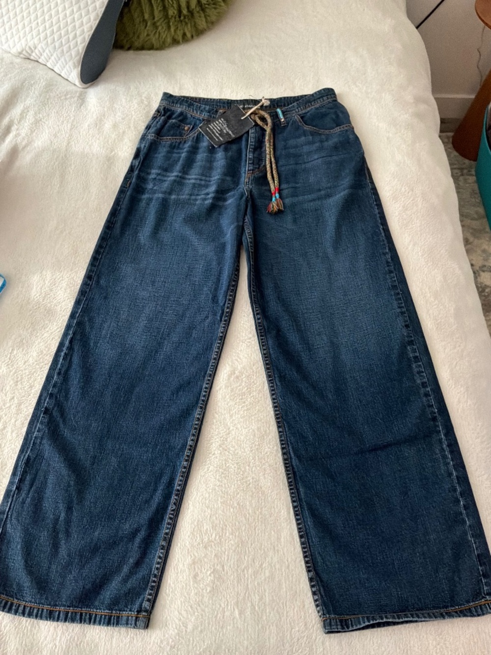 TWO HANDS Organic Cotton Wide Leg Indigo Jeans Multi Braided Drawstring Size 26